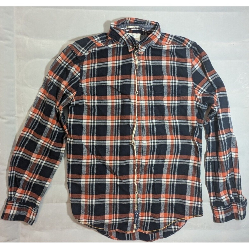 On the Road men's‎ flannel shirt slim fit sz 40 medium blue orange white plaid